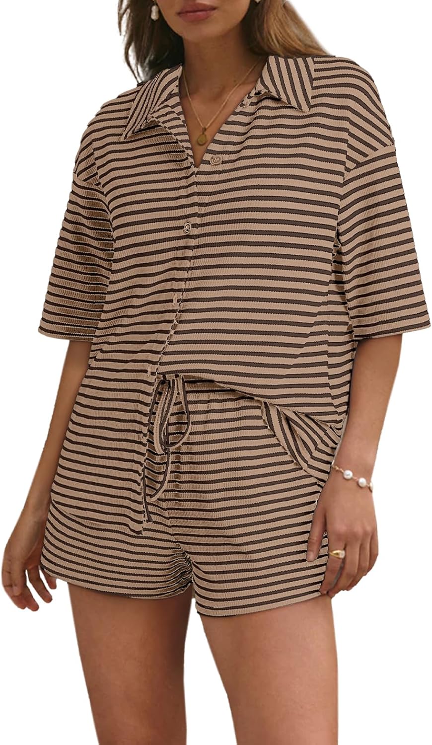 Casual Knitted Striped Short Sleeve Pajama Set (Buy 2 Free Shipping)
