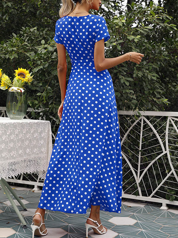 A-Line High Waisted Polka-Dot Tied Waist V-Neck Maxi Dresses