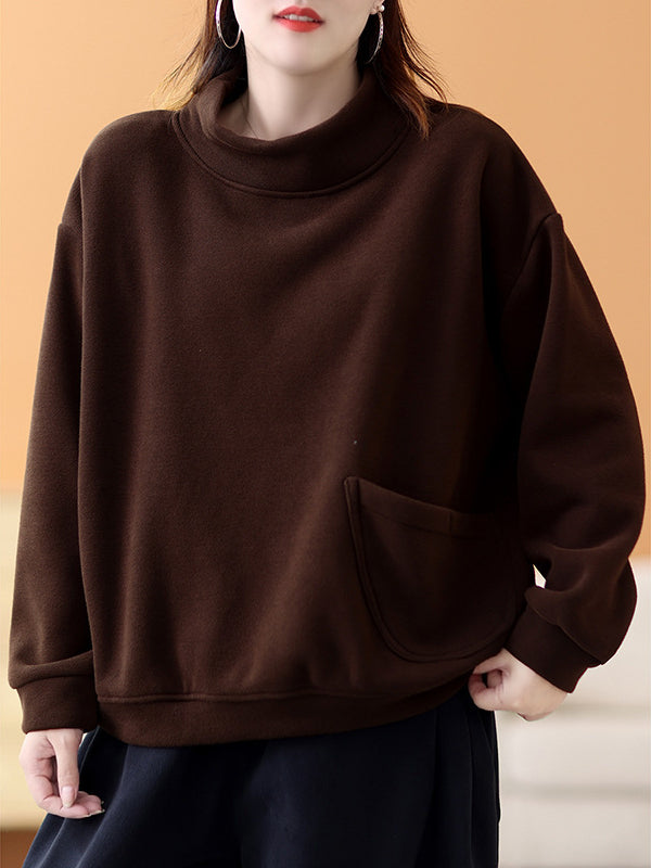 Casual Solid Color High Collar Velvet Sweatshirt