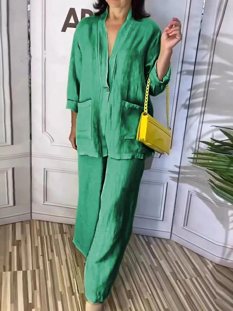 Solid Color V-Neck Top Two-Piece Pants Set