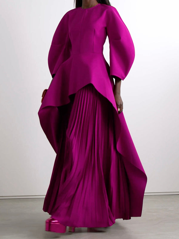 Long Sleeves Loose Pleated Solid Color Split-Joint Tiered Round-Neck Maxi Dresses