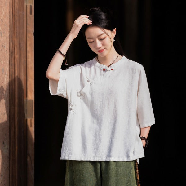 Vintage Stand Collar Short Sleeve Linen Shirt