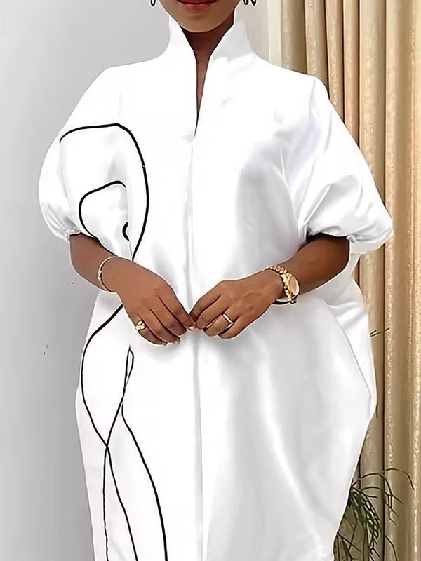 Half Sleeves Loose Elasticity Printed Split-Front Stand Collar Maxi Dresses