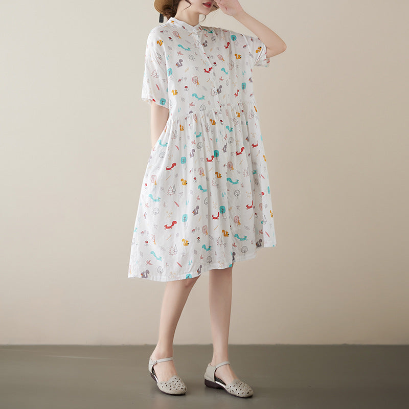 Literary Print Stand Collar Short Sleeve Midi Dress