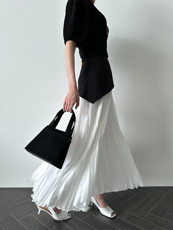 A-Line Loose Contrast Color Pleated Split-Joint Skirts Bottoms