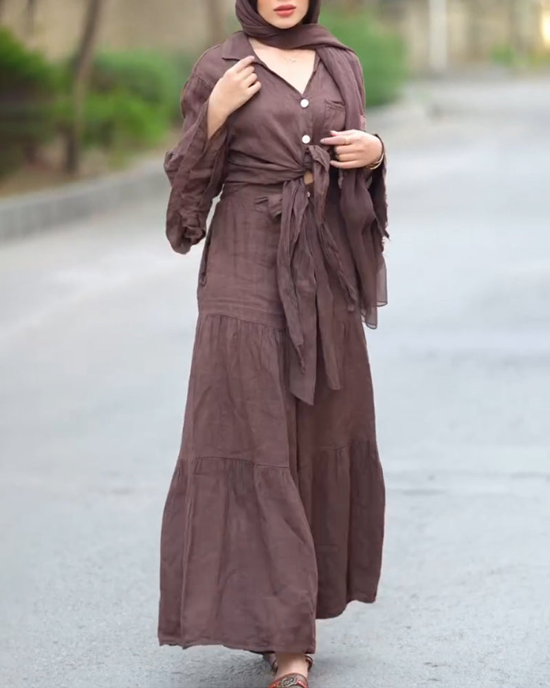 Casual Comfortable V-Neck Lace-Up Top & Wide Leg Pants Two-Piece Set