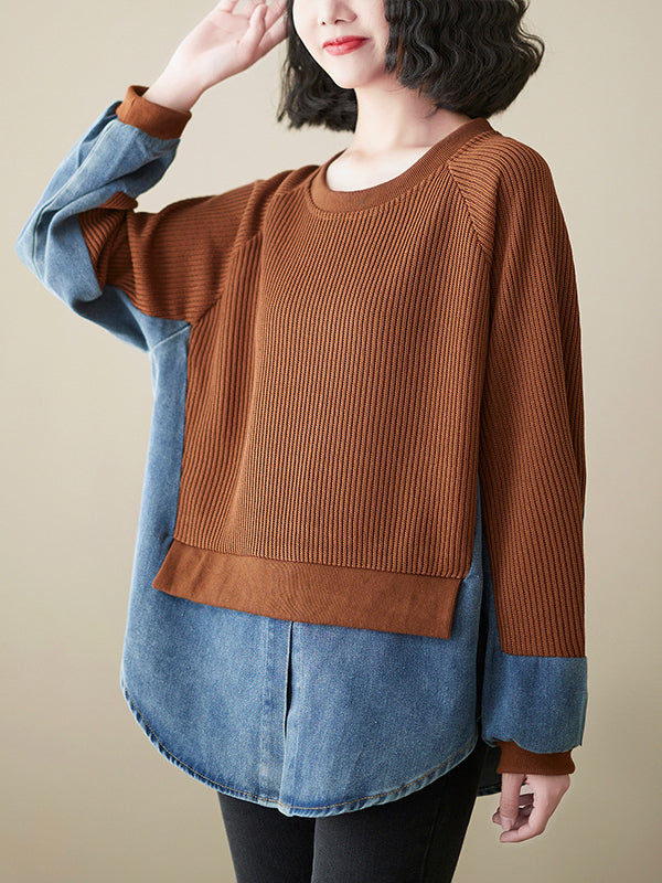 Loose Splicing Round Neck Long Sleeve Fake Two Pieces Sweater