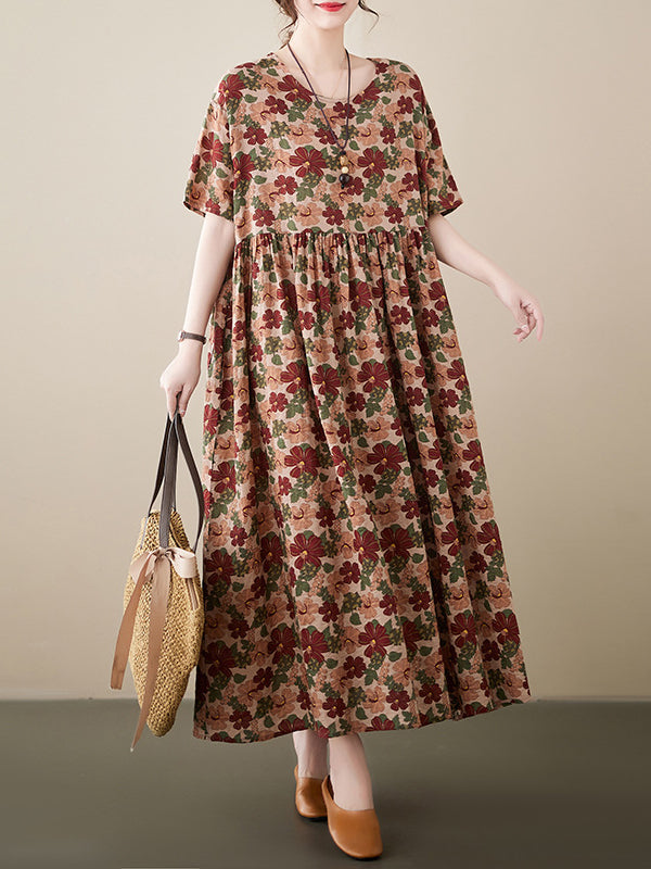 Ethnic Style Floral Print Short Sleeve Round Neck Maxi Dress