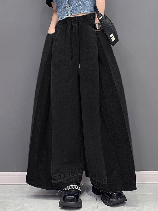 Loose Wide Leg Contrast Color Drawstring Fringed Pockets Jean Pants Bottoms