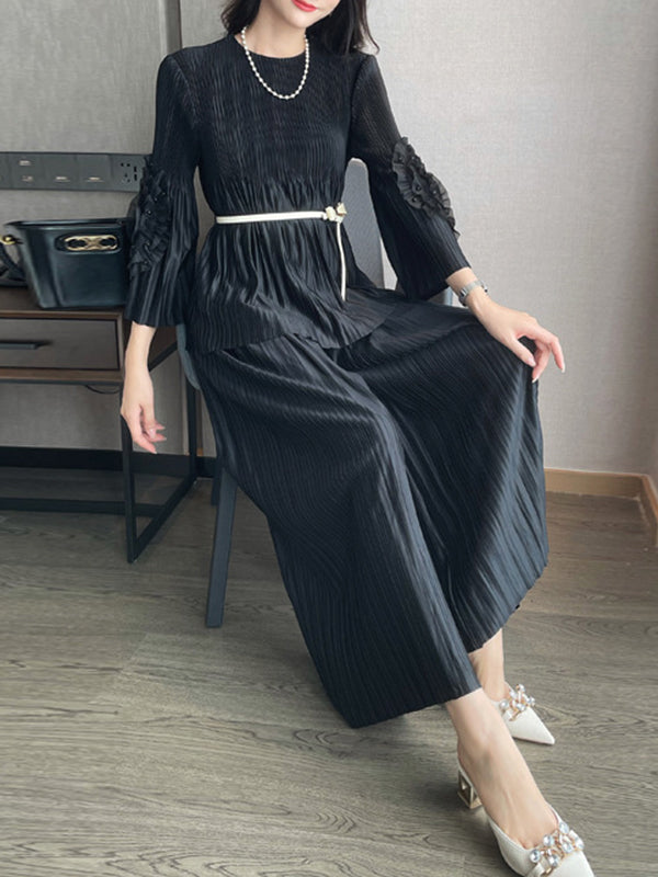 Loose Beaded Belted Pleated Split-Joint Round-Neck T-Shirt Top + Ninth Pants Bottom Two Pieces Set