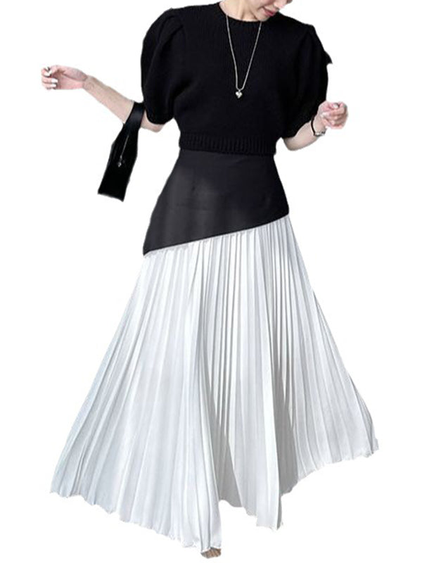 A-Line Loose Contrast Color Pleated Split-Joint Skirts Bottoms