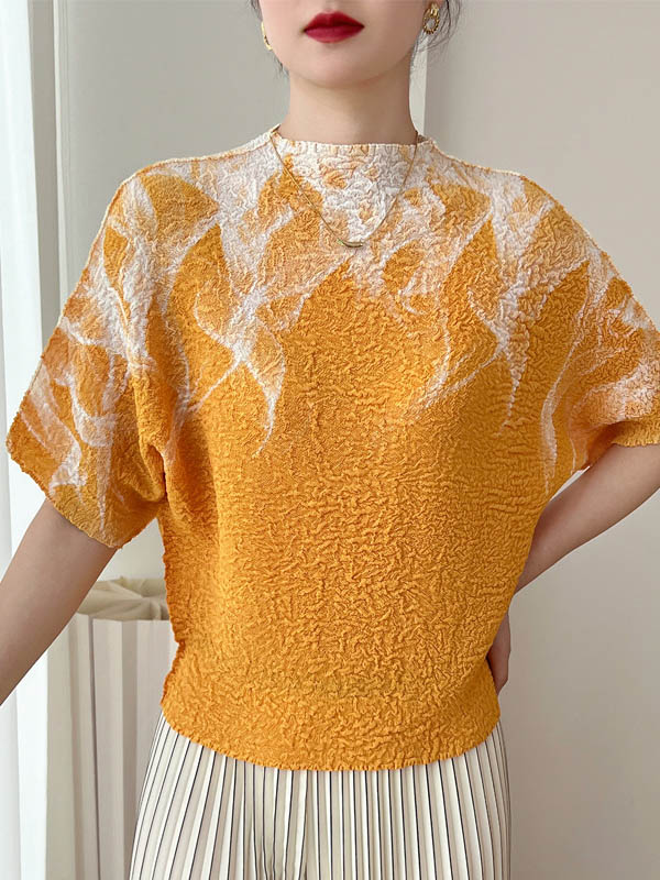Loose Short Sleeves Contrast Color Pleated Printed Mock Neck T-Shirts Tops