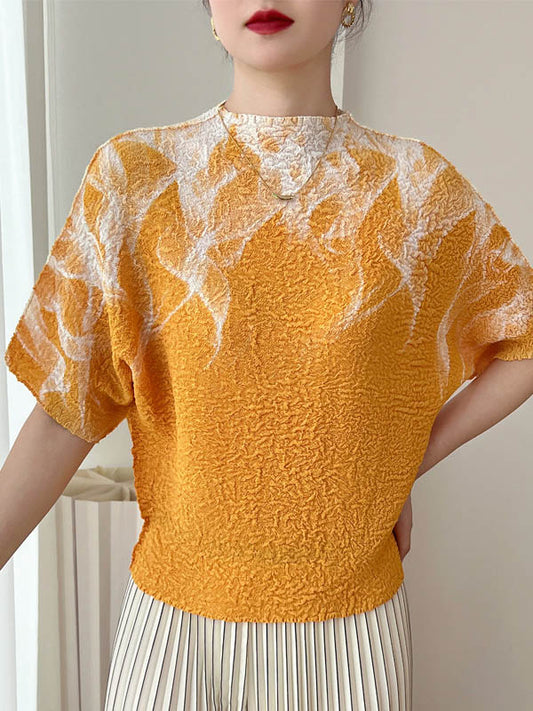 Loose Short Sleeves Contrast Color Pleated Printed Mock Neck T-Shirts Tops