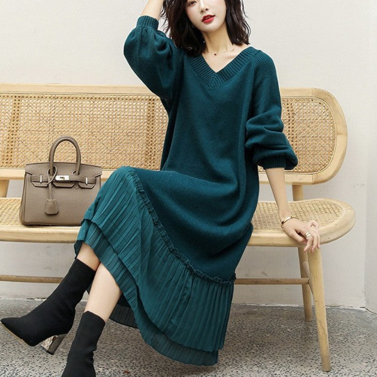 Loose Splicing V-Neck Long Sleeve Sweater Dress