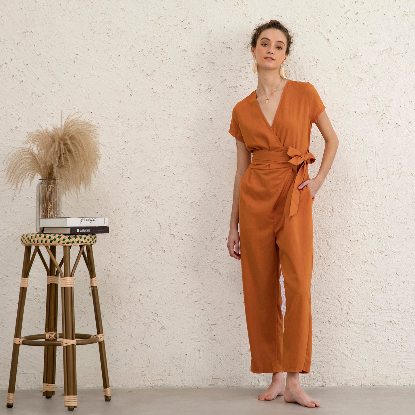 Casual Cozy Linen Wrap Jumpsuit