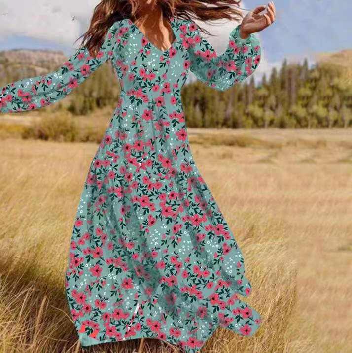 Bohemia Printed Long Sleeve V-Neck Maxi Dress