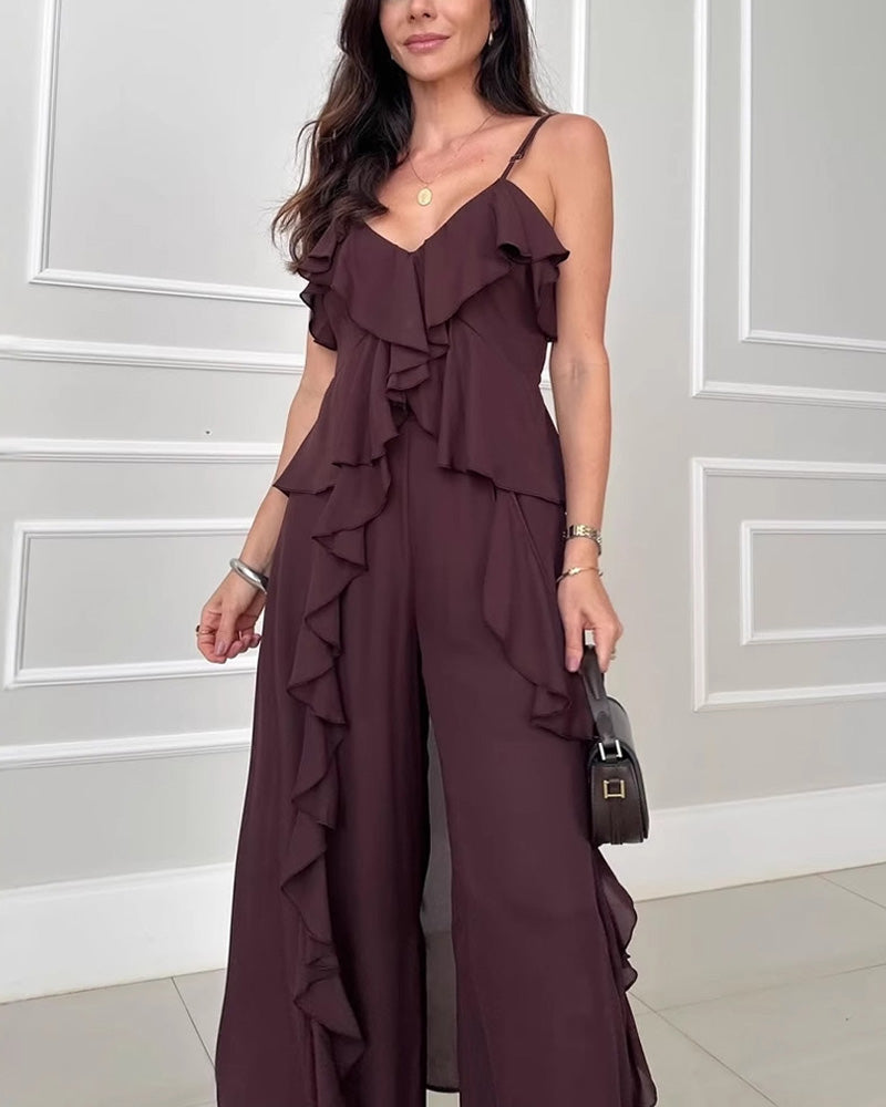 Irregular Ruffled Strap Straight Leg Pants Set