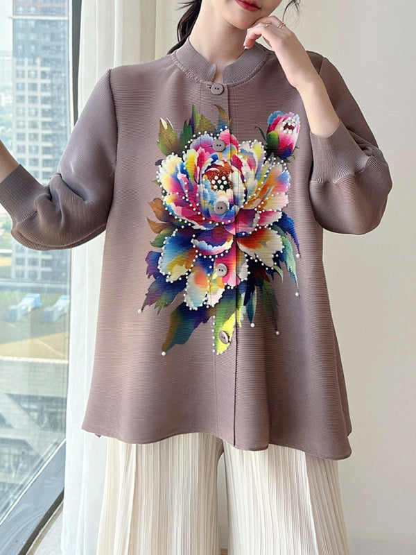 Loose Puff Sleeves Buttoned Flower Print Pleated Round-Neck T-Shirts Tops