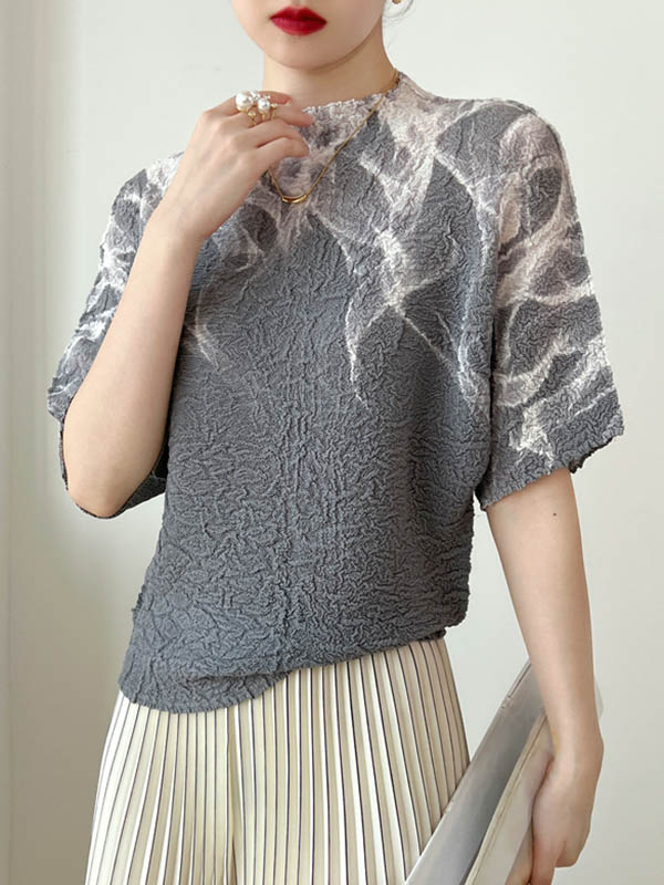 Loose Short Sleeves Contrast Color Pleated Printed Mock Neck T-Shirts Tops