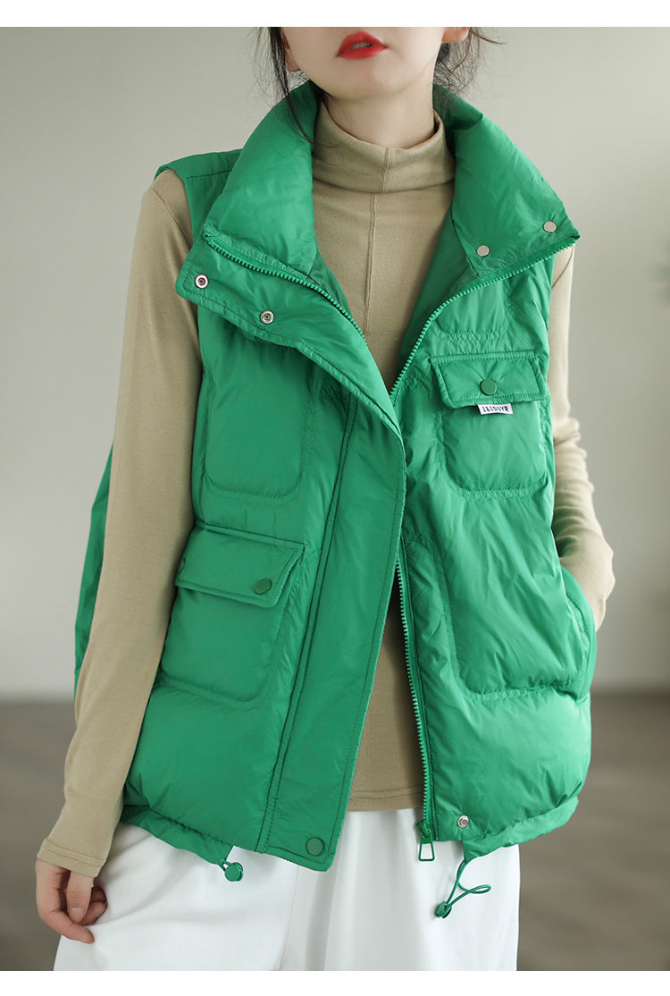 Literary Solid Color Stand Collar  Down Vest Coat