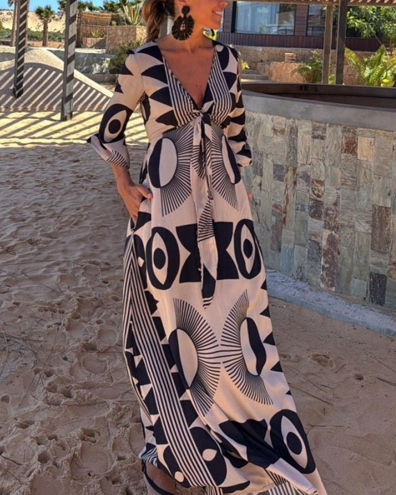 V-Neck Lace-Up Printed Mid-Sleeve Dress