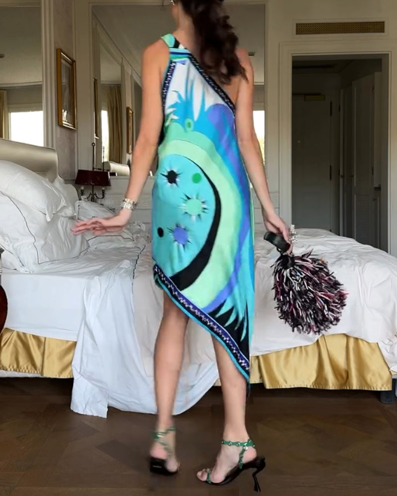 Fashion Slant Shoulder Print Dress