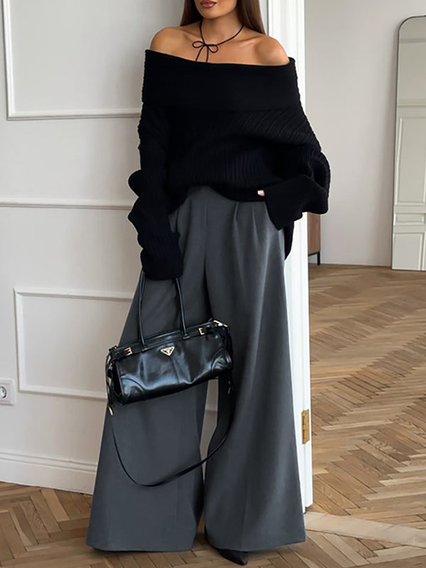 High Waisted Loose Pleated Pockets Solid Color Suit Pants Trousers