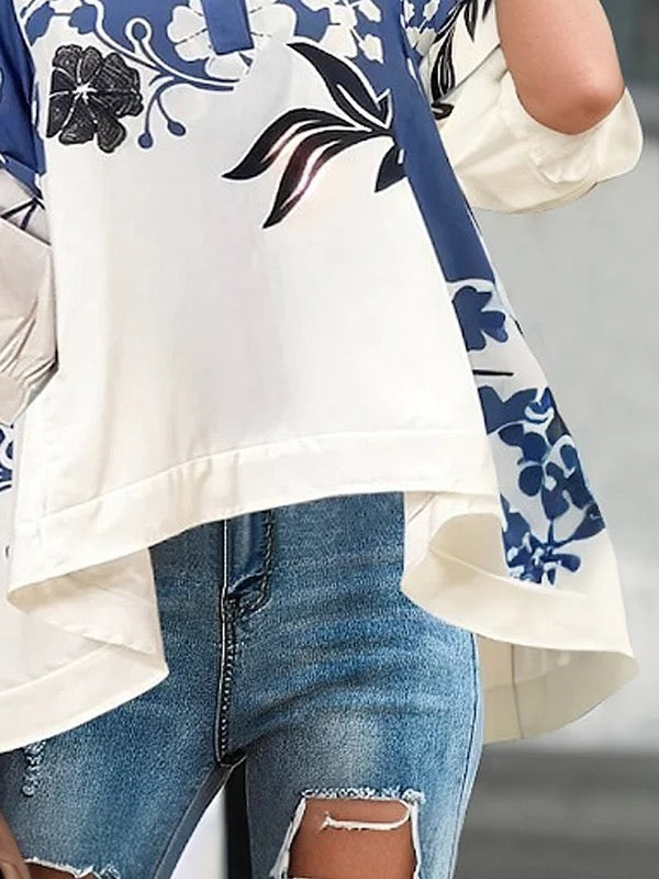 Half Sleeves High-Low Buttoned Flower Print Pleated Lapel Blouses&Shirts Tops