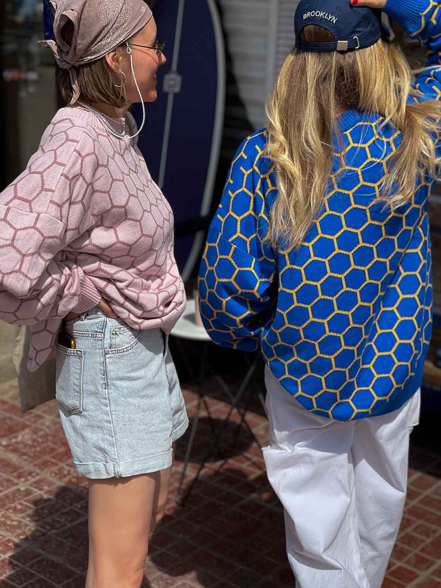 Round neck honey sweater autumn and winter loose plaid pullover round neck knitted women's top