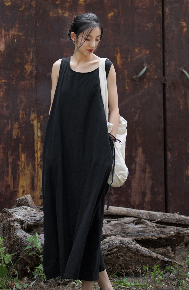 Simple Ramie Sleeveless Lace-up Midi Dress