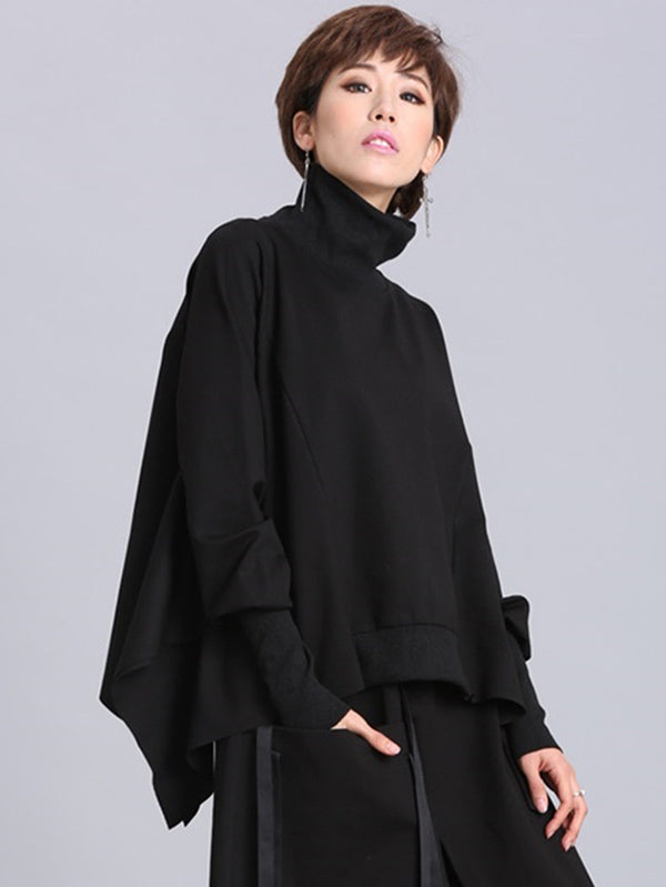 Solid Color Asymmetric High-Neck Loose Batwing Sleeve Sweatshirt