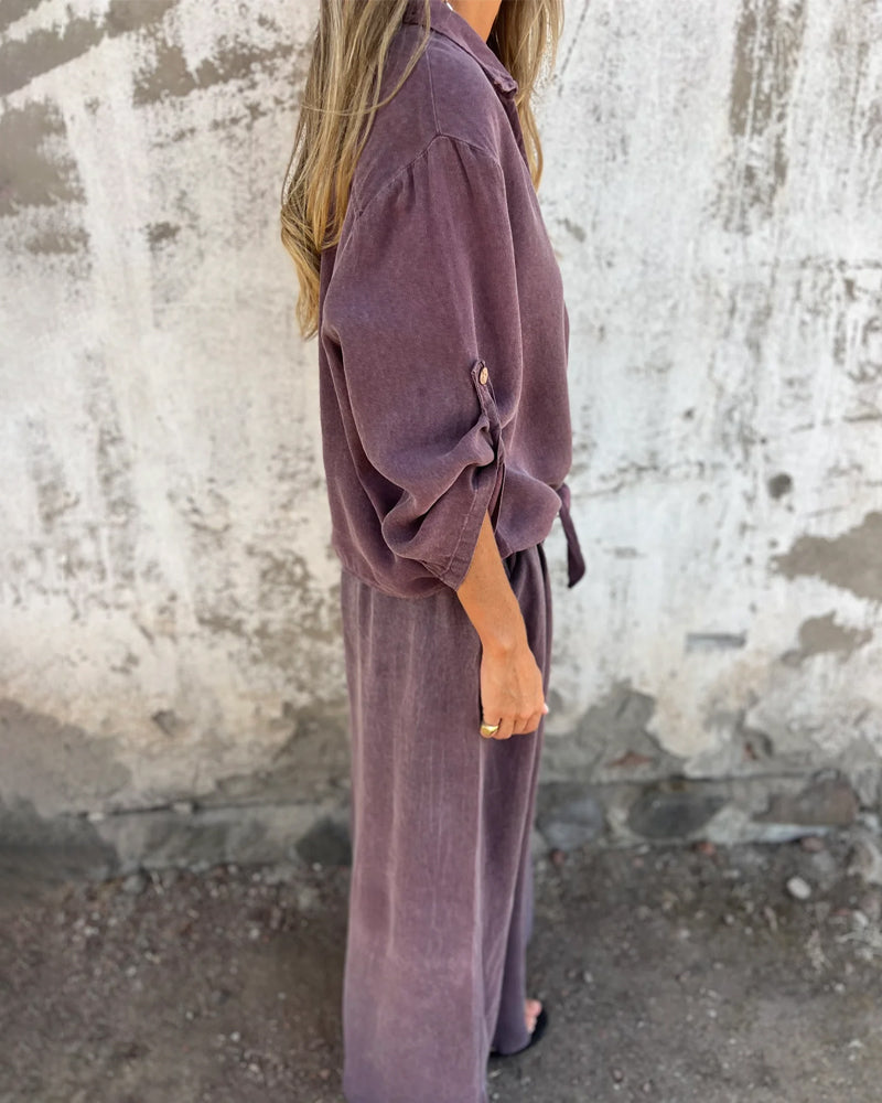 Casual Solid Shirt & Wide Leg Two-Piece Set