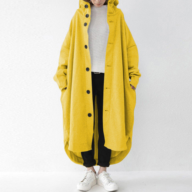 Loose Solid Color Buttoned Hooded Windbreaker Coat