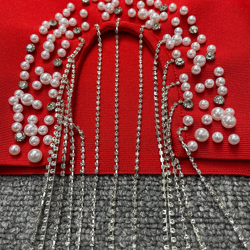 Bandage women's sexy hollow-out camisole tassel rhinestone waist dress evening dress