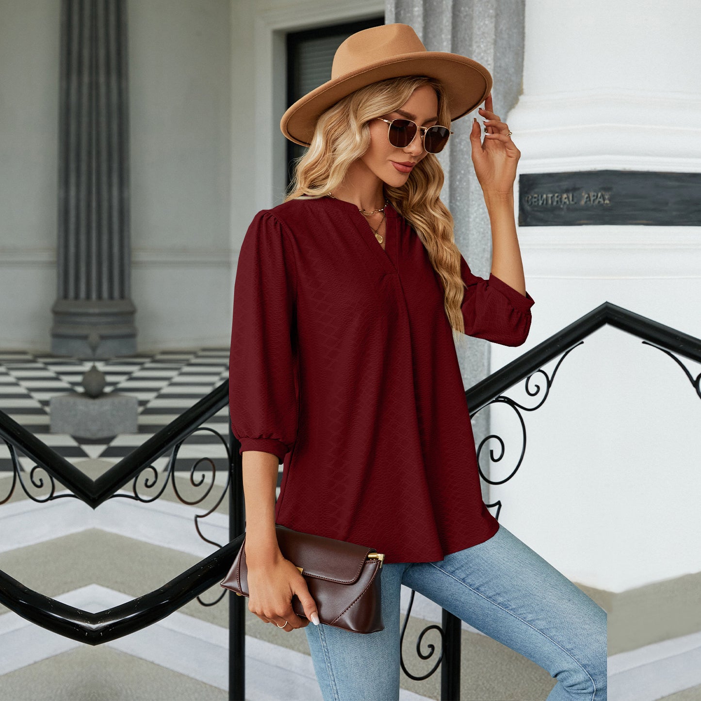 Autumn and Winter new solid color and V-neck jacquard 3/4 sleeve loose-fitting T-shirt top women