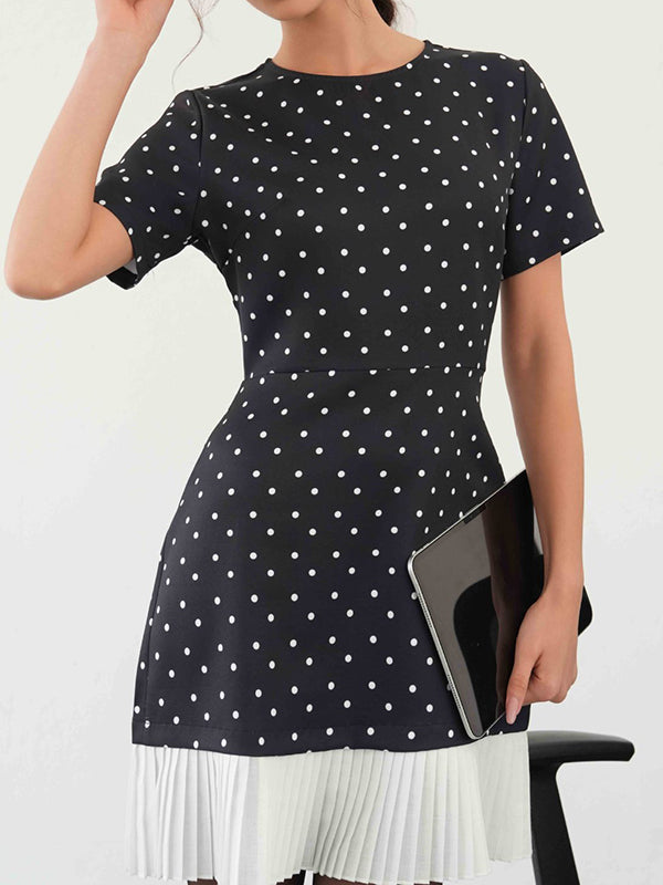A-Line High Waisted Pleated Polka-Dot Split-Joint Round-Neck Mini Dresses