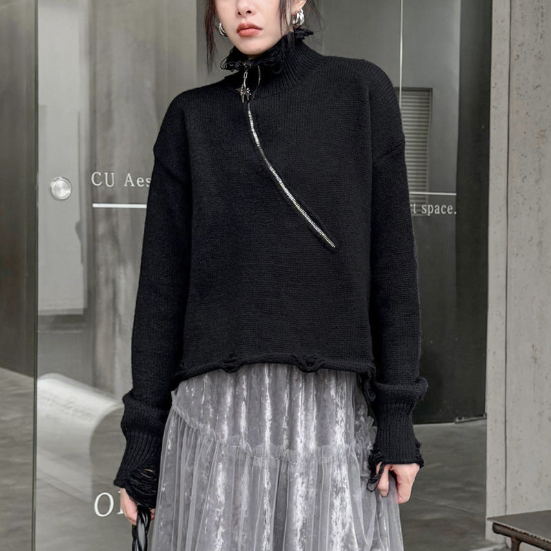 Simple Slant Zipper Turtleneck Sweater