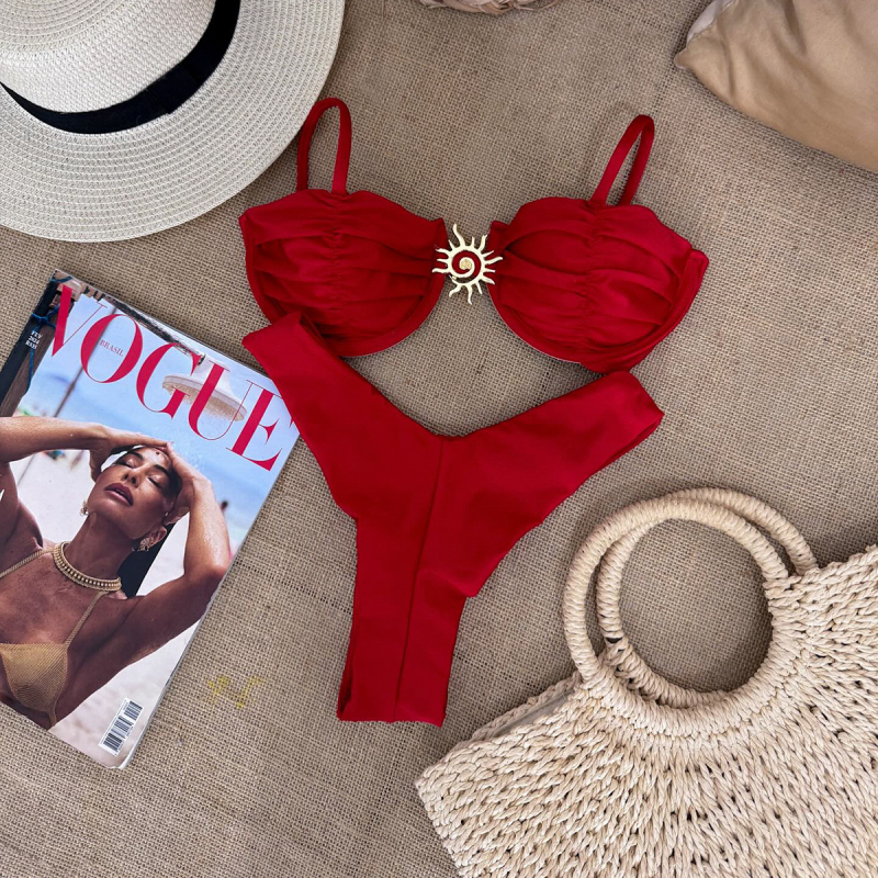 Sexy Solid Color Pleated Bikini