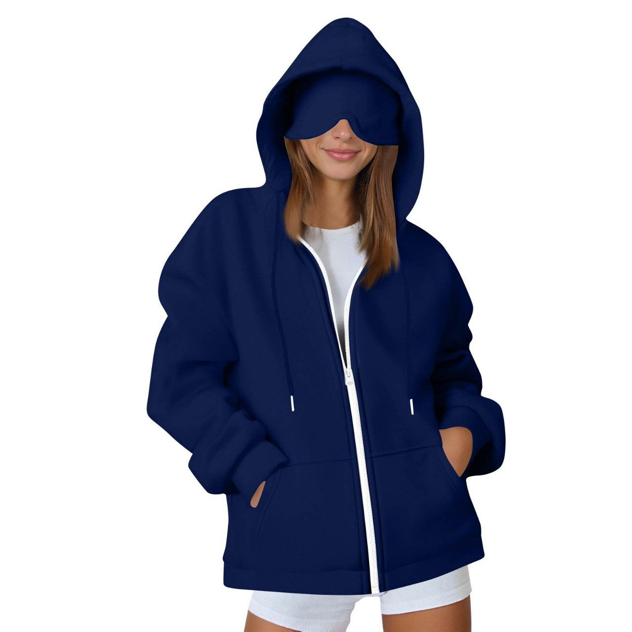 2025 European and American solid color women's autumn and winter hooded cardigan with eye patch zipper sweater