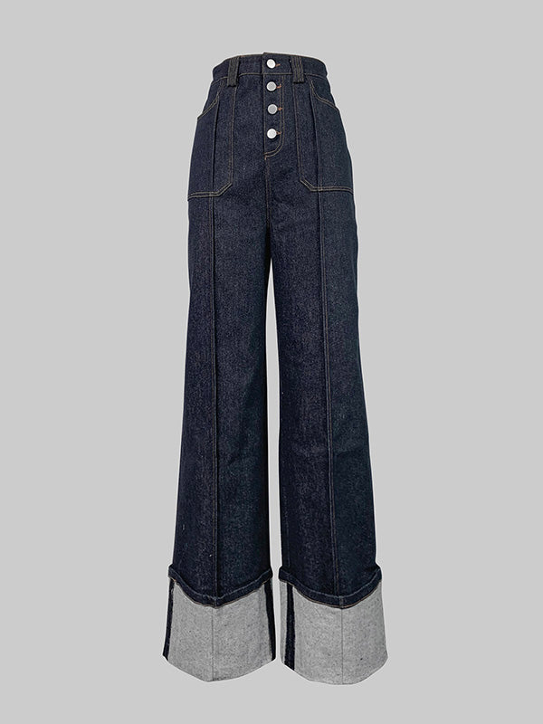 High Waisted Straight Leg Contrast Color Split-Joint Jean Pants Bottoms