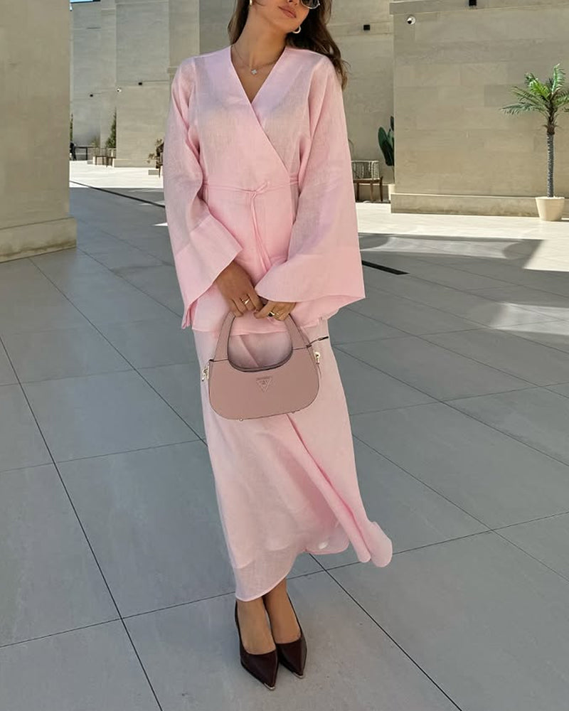 Casual V-Neck Split Shirt & Skirt Two-Piece Set