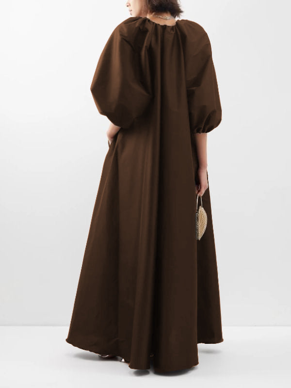 V-Neck Solid Color Puffy Sleeves Loose Maxi Dress