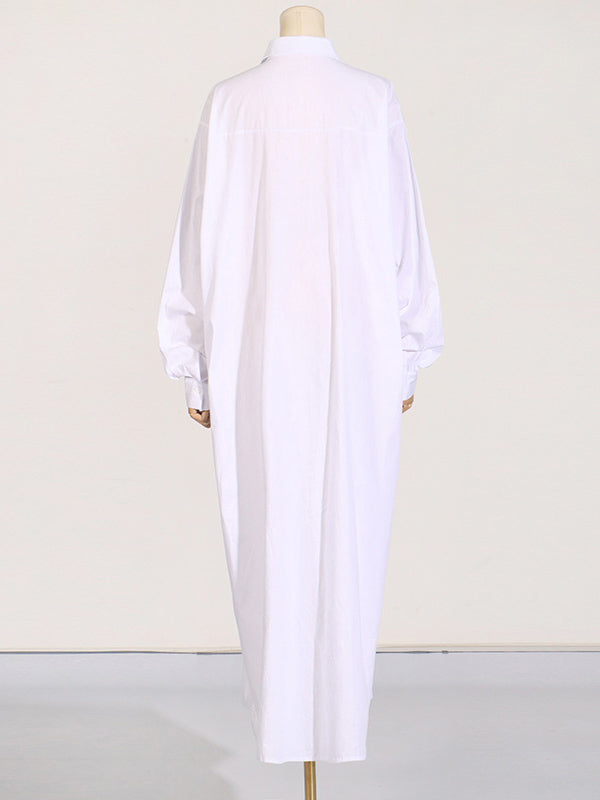 Long Sleeves Loose See-Through Solid Color Split-Joint Split-Side Lapel Maxi Dresses Shirt Dress