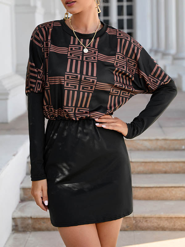 Bodycon Long Sleeves Contrast Color Elasticity Printed Round-Neck Mini Dresses