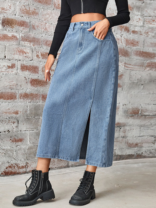 A-Line High Waisted Elasticity Pockets Split-Side Skirts Bottoms