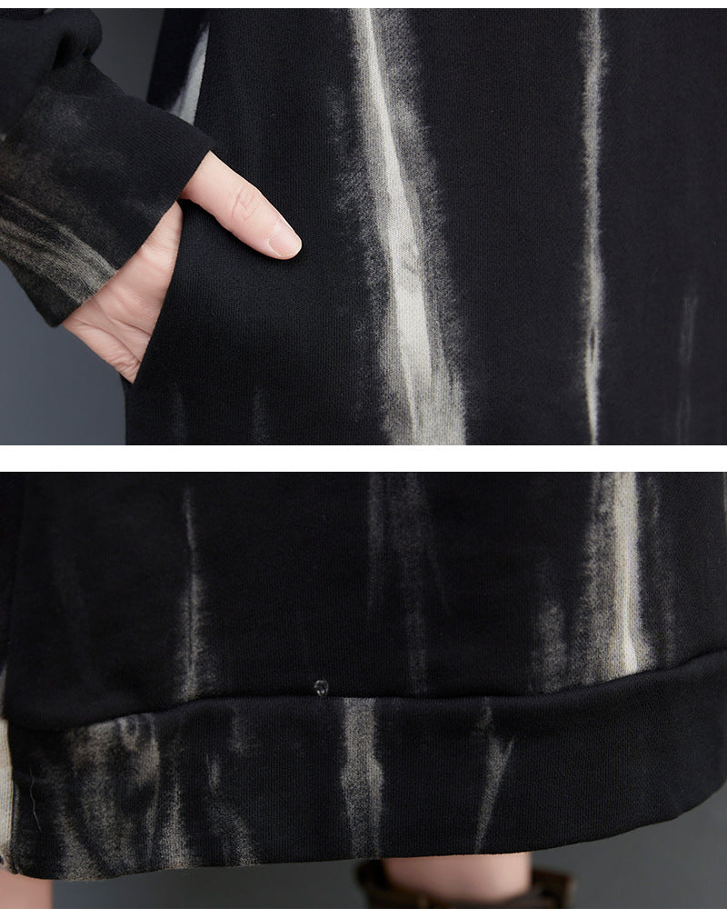 Loose Print Round Neck Long Sleeve Midi Dress