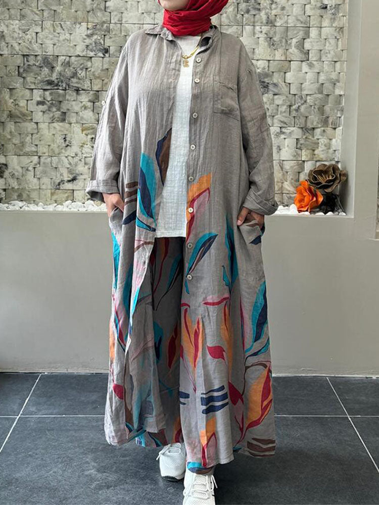Casual Floral Printing  Long Cardigan Wide-leg Trouser Suit