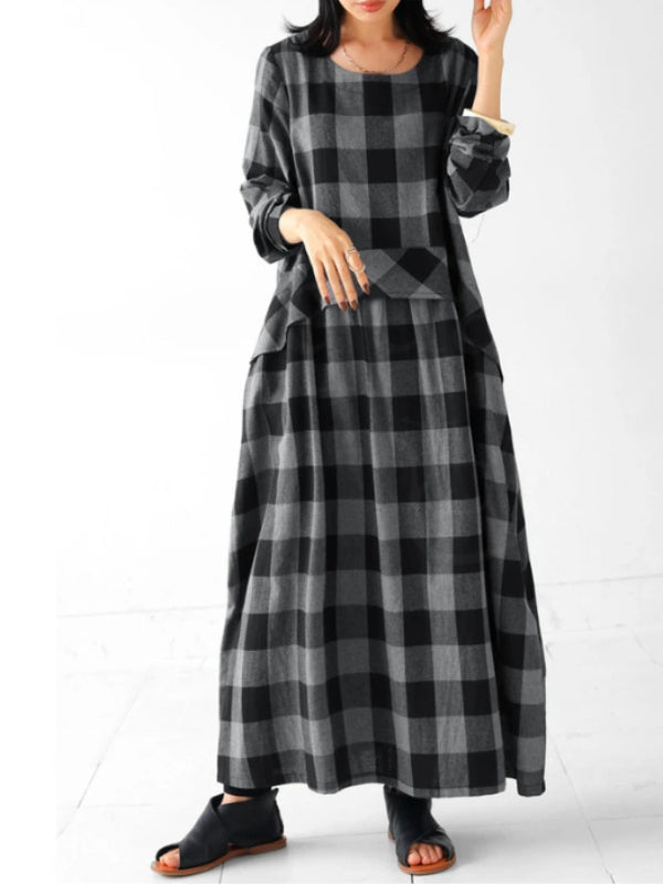 Vintage Plaid Long Sleeve Maxi Dress