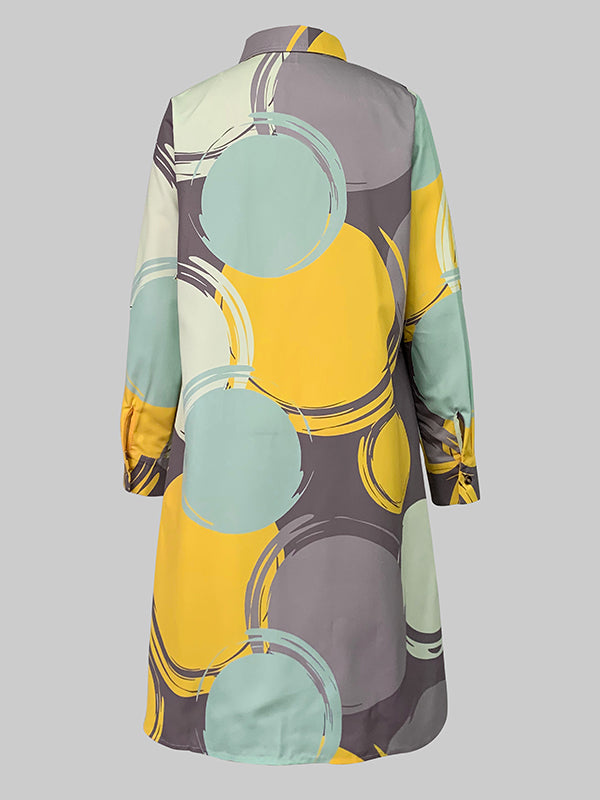 A-Line Long Sleeves Buttoned Pockets Printed Lapel Midi Dresses