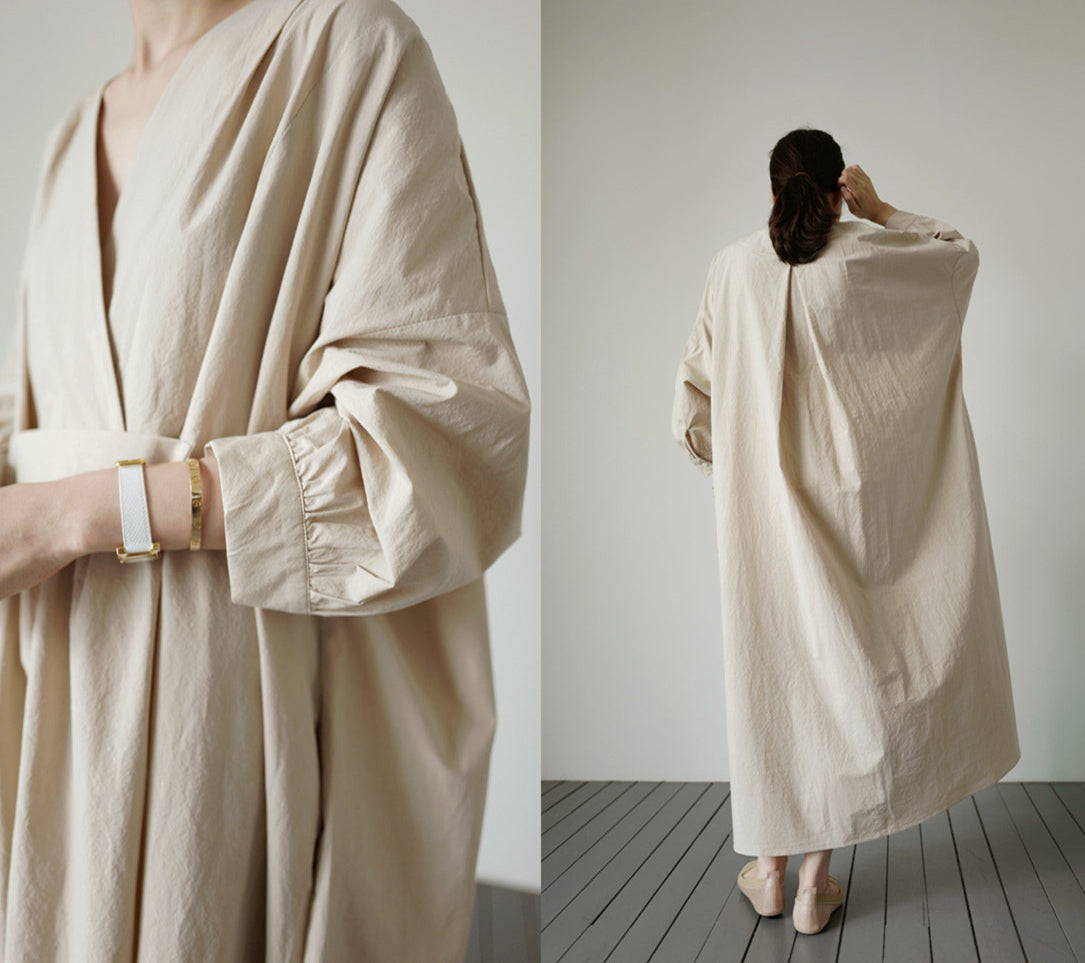 Loose Cross Neck Waist Pleats Long Sleeves Maxi Dress